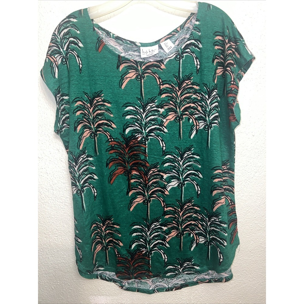 Nicole Miller New York Linen Top T-Shirt Size L Green Black Tropical Tree